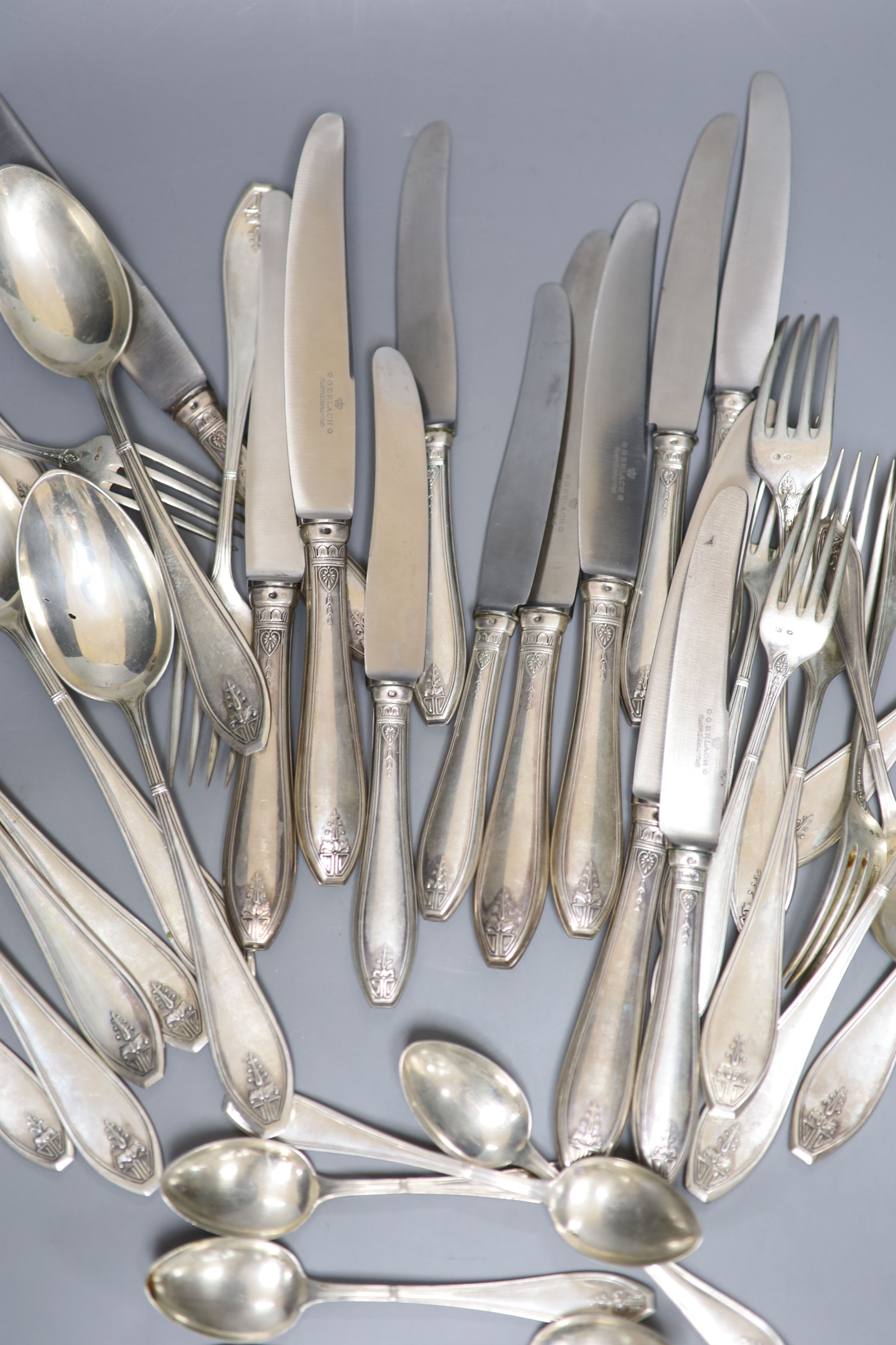 A mid 20th century part canteen of Polish 800 standard white metal cutlery for six, comprising thirty six items